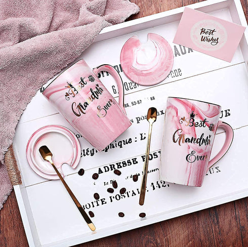 Doublewhale Grandma Gifts - Mothers Day Gifts for Grandma - Birthday Gifts for Grandma from Granddaughter Grandson Grandchildren - Best Grandma Ever Marble Ceramic Coffee Mug 14Oz with Lid Pink