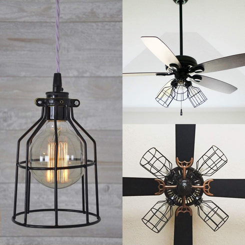 Simple Deluxe 4-Pack Adjustable Industrial Clamp on Metal Bulb Guard Cage for Pendant, Farmhouse Light Fixture, Vintage Lamp Shades and Hanging Lamp, Black