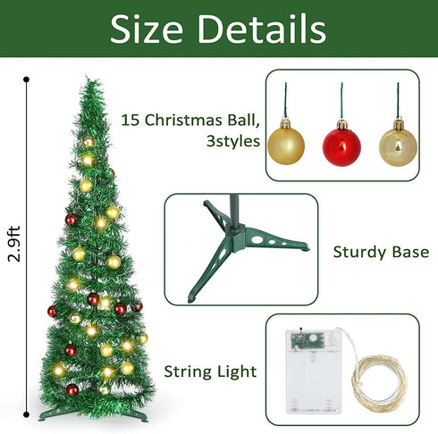 DomeStar 2.9Ft Tinsel Prelit Christmas Tree, Pop Up Artificial Pencil Slim Tree with 15PCS Christmas Balls for Xmas Decor Holiday Carnival Party Decorations