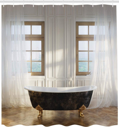 Ambesonne Antique Shower Curtain, Retro Bathtub in Modern Room Interior Hardwood Classics Space Design, Cloth Fabric Bathroom Decor Set with Hooks, 69" W x 70" L, Ivory White