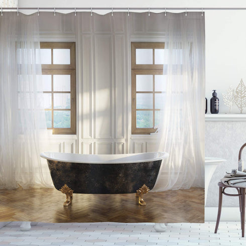 Ambesonne Antique Shower Curtain, Retro Bathtub in Modern Room Interior Hardwood Classics Space Design, Cloth Fabric Bathroom Decor Set with Hooks, 69" W x 70" L, Ivory White