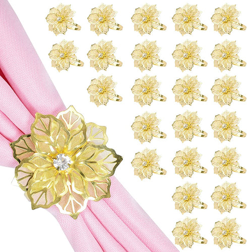 Fun Land 24 Pack Gold Napkin Rings Hollow Out Flower Alloy Holder Table Decor Exquisite Household Floral Rhinestone Serviette Buckles for Thanksgiving Wedding Birthday Party Dinner, rings0