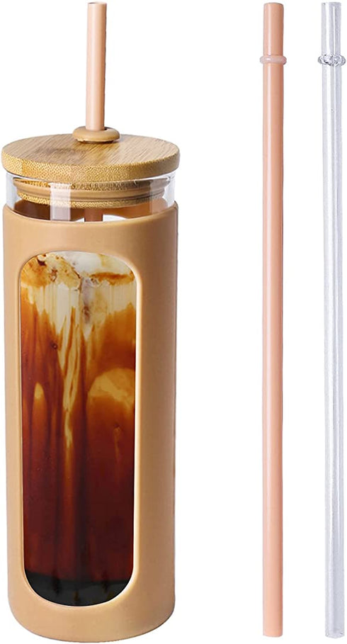 Kodrine 24 oz Glass Water Bottle with Bamboo Straw and Lid, Wide Mouth Water Tumbler,Straw Silicone Protective Sleeve BPA FREE-Amber