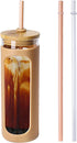 Kodrine 24 oz Glass Water Bottle with Bamboo Straw and Lid, Wide Mouth Water Tumbler,Straw Silicone Protective Sleeve BPA FREE-Amber