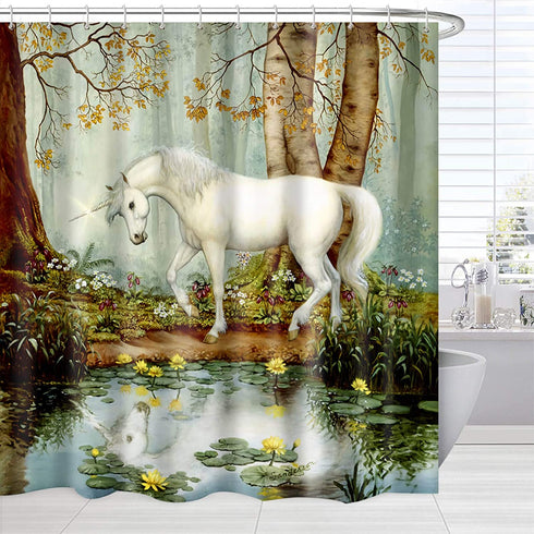 Country Shower Curtains for Bathroom, White Horse Unicorn by Lake Forest Trees Flower Farmhouse Decor Bathroom Curtains Washable Waterproof, Landscape Fabric Shower Curtain Set with Hooks