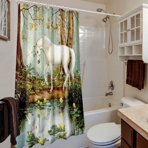 Country Shower Curtains for Bathroom, White Horse Unicorn by Lake Forest Trees Flower Farmhouse Decor Bathroom Curtains Washable Waterproof, Landscape Fabric Shower Curtain Set with Hooks