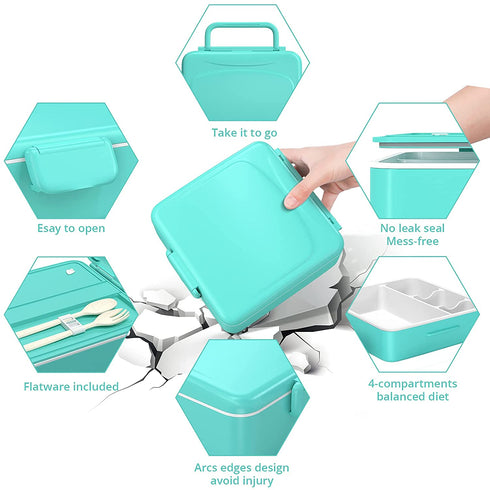 VOLUEX Bento Box, Bento Lunch Box for Kids with Spoon & Fork, 4 Compartment, Durable, Leak Proof, Dishwasher Safe, BPA-Free and Food-Safe Materials, 45oz Large Lunch Box Containers for Adults- Blue