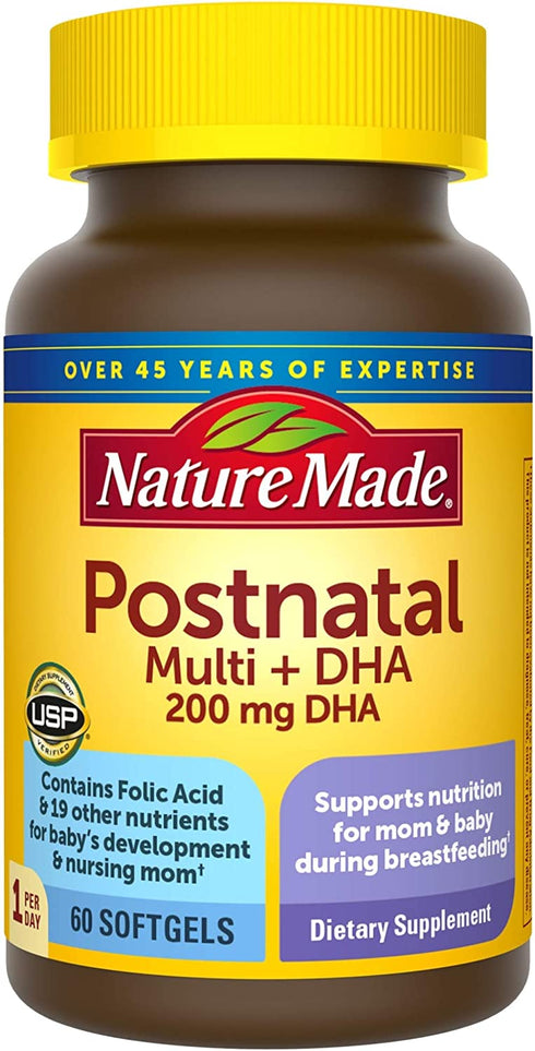 Nature Made Postnatal Multivitamin + DHA 200 mg, 60 Softgels, to Support Nursing Moms & Babies During Breastfeeding, Postnatal Vitamins & Nutrients Include Iron, Vitamin D3, Calcium, Iodine