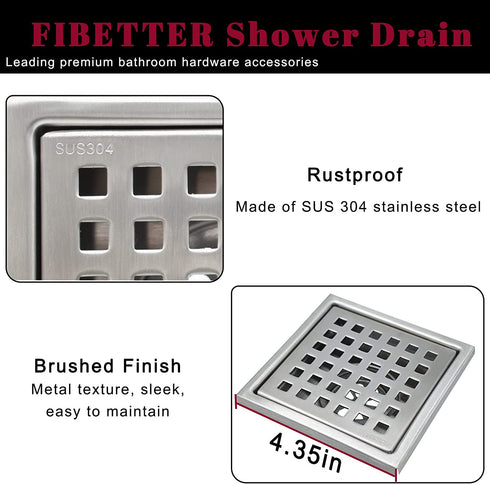 Fibetter Square Shower Drain, 4-1/4 Inch SUS 304 Stainless Steel Grid Pattern with Hair Strainer Square Drain for Shower - Brushed Nickel