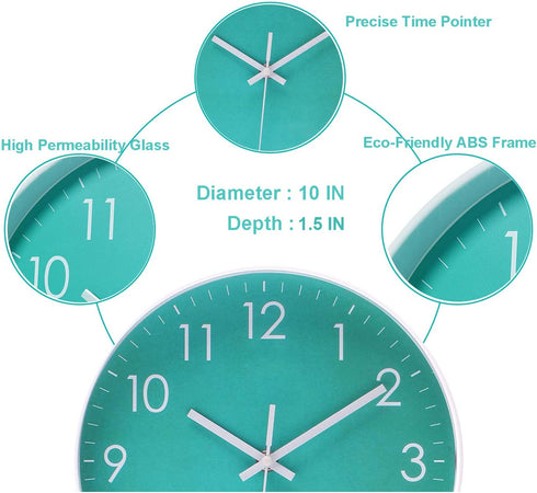 Modern Simple Wall Clock Indoor Non-Ticking Silent Sweep Movement Wall Clock for Office, Bathroom, Living Room Decorative 10 Inch Teal