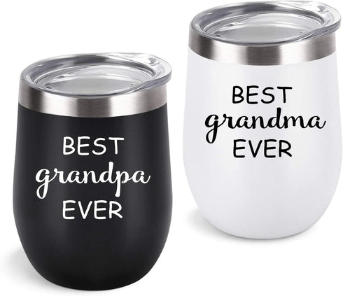 Cpskup Best Ever Grandma and Grandpa Stainless Steel Insulated Wine Tumbler with Lid, Grandparents Christmas Gifts Ideas for Grandma and Grandpa from Grandkids Grandchildren(12 oz, Black and White)