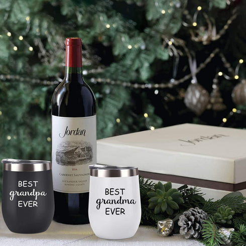 Cpskup Best Ever Grandma and Grandpa Stainless Steel Insulated Wine Tumbler with Lid, Grandparents Christmas Gifts Ideas for Grandma and Grandpa from Grandkids Grandchildren(12 oz, Black and White)