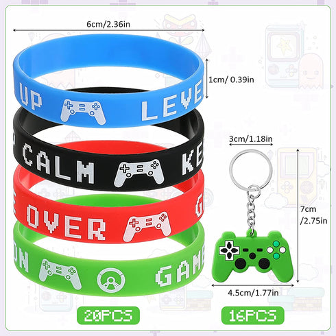 60 Pieces Video Game Party Favors Set Includes 20 Video Game Bracelets Wristbands, 24 Video Game Stampers, 16 Game Handle Keychains for Video Game Party Supplies Birthday