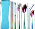 YIMICOO Reusable Travel Utensils with Case, Camping Cutlery Set Stainless Steel Portable Silverware Flatware Set for Picnic Office or School Lunch,Dishwasher Safe (2Sets,Pink+Blue)
