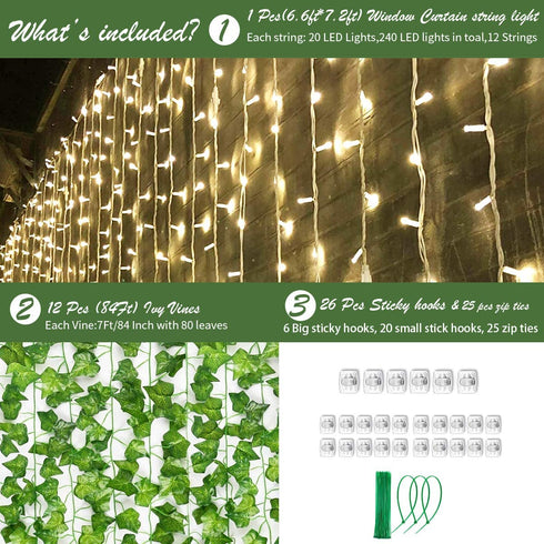 KASZOO 12 Pack Artificial Ivy Leaf Plants with 240 LED Window Curtain String Lights, Fake Plants Vine Hanging Garland, Hanging for Wall Party Wedding Room Home Kitchen Indoor & Outdoor Decoration