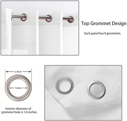 White Semi Linen Look Sheer Curtains for Bedroom, Living Room Grommet Light Filtering Solid Voile Window Curtains, Set of 2 Panels, 52 x 84 inch