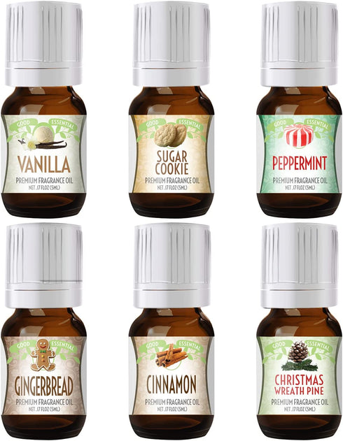 Winter Essential Oil Set of 6 Fragrance Oils - Christmas Wreath Pine, Vanilla, Peppermint, Cinnamon, Sugar Cookie, and Gingerbread by Good Essential Oils