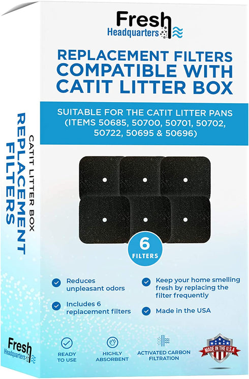 FRESH HEADQUARTERS Replacement Filters Compatible with Catit Hooded Litter Box – Pre-Cut Activated Charcoal Carbon Air Purifier Refill Pads for Safe Urine Odor Control (6 Pack)