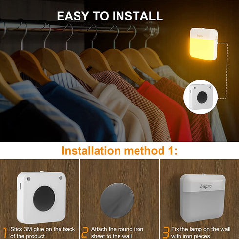 2 Pack LED Night Lights Rechargeable, Dusk to Dawn Sensor, bapro Warm White Stick-On Nightlight Adjustable Brightness for Bedroom, Bathroom, Kitchen, Hallway, Stairs, Kids, Adults, Compact Nightlight