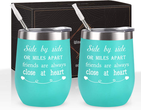 12 Oz Stainless Steel Insulated Friends Wine Tumbler Set of 2, Side By Side or Miles Apart Friends Are Always Close at Heart Wine Tumbler for Friendship Good Friends Long Distance Friends Women, Mint