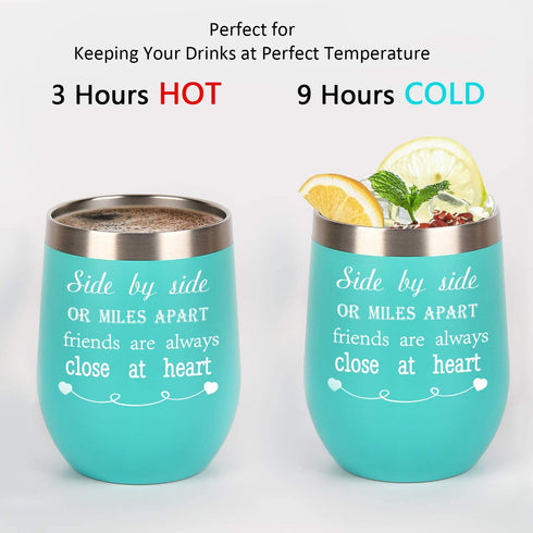 12 Oz Stainless Steel Insulated Friends Wine Tumbler Set of 2, Side By Side or Miles Apart Friends Are Always Close at Heart Wine Tumbler for Friendship Good Friends Long Distance Friends Women, Mint