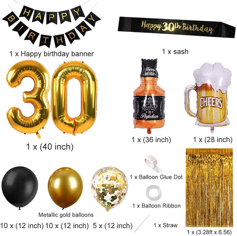 30th Birthday Decorations for Men, Black and Gold Happy Birthday Decorations for Women Men Boys Girls 30th Birthday Party - 30th Birthday Decorations Black and Gold for Him Her 30 Birthday Party Supplies