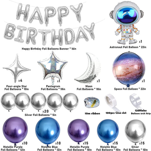 Winrayk 109PCS Outer Space Birthday Party Decoration Metallic Balloon Garland Arch Kit with Happy Birthday Galaxy Rocket Astronaut Moon Star Foil Balloons for Boy Kid Birthday Party Decoration Supply