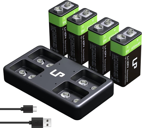LP 9V Rechargeable Battery Charger Pack, 4-Pack 600mAh 9 Volt Li-ion Batteries & 4-Bay Battery Charger for Alarms, Wireless Microphones, Smoke Detectors, Toys, Flashlights, Guitar, Keyboard & More