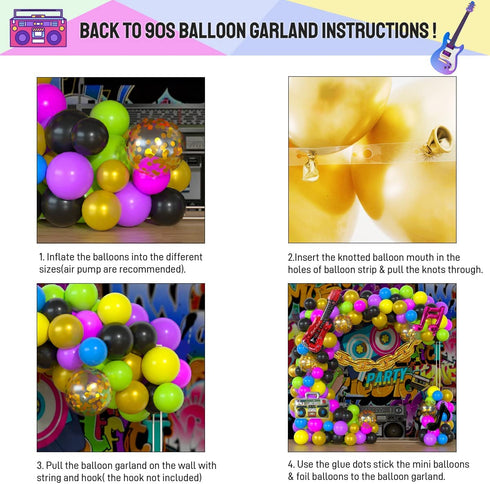 90S 80S Themed Balloon Garland Party Decorations Purple Rose Red Green Yellow Blue Black Gold Confetti Balloons Chain Radio Guitar Music Note Foil Balloon for Back to 90's 80's Hip Pop Party Decor