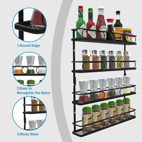 4 Tier Hanging Spice Racks for Wall Mount/Cabinet Pantry Door,Farmhouse Style Seasoning Organizer For Your Kitchen,Black