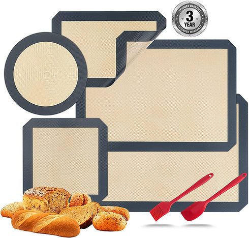 Silicone Baking Mats, Set of 7, BPA-Free Food Grade Reusable Baking Mat Professional Non-stick Pastry Mat Oven Liner Sheets Mats Silicone pan liners Square Cake Pan Mat Silicone Oil Brush &Knife