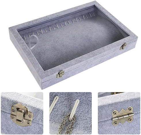 Glass lid 20 Hooks Necklace Organizer Box,Necklace Tray with Lid,Necklace Jewelry Box,Chains Showcase Storage Boxes for Show Stackable (Ice Velvet)