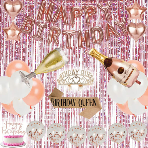 Rose Gold Birthday Decorations Party Supplies Kit - Happy Birthday Balloons Banner,Cake Topper,Birthday Tiara & Sash,Foil Fringe Curtains,Tablecloth for Girls and Women Birthday Party (Any Age)