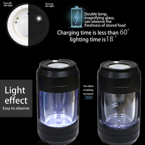 Storage Jar with Herb Grinder Led Light up, Herb Containers with 8x Magnifying Glass Jar Air Tight, Storage and Grinding in One Keep Herbs Dry and Fresh (Black)