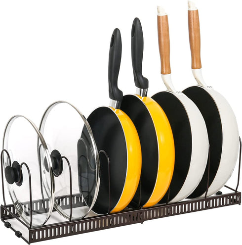 Expandable Pot and Pan Organizer Rack, Pans Pots Lid Organizer Rack Holder for Kitchen Counter Cabinet Pantry Bakeware Organizer Rack Holder with 7 Adjustable Compartments (BRONZE, 7)