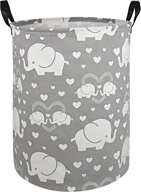 DUYIY Canvas Storage Basket with Handle Large Organizer Bins for Dirty Laundry Hamper Baby Toys Nursery Kids Clothes Gift Basket (love elephant)