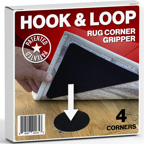 Hook and Loop Large Size Rug Corners - 4 Corner Pack Anti Slip Triangle Gripper - Easy to Lift, No Curling, Anti Skid - Reusable Gel Gripper for Hardwood Floors, Tiles, Hallaway Large Runner- Patented
