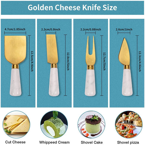 Funland 4PCs Gold Cheese Knife Spreader Set, Cute Butter Knife Slicer with Marble Handle, Cheese Spredering, Fruit Fork and Spatula for Jams - Cheese Board Accessories for Holiday, Weddings, Parties