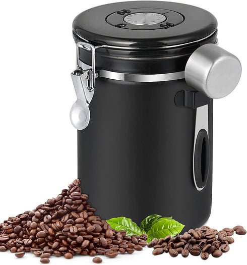 Pitmoly Airtight Coffee Canister, Stainless Steel Coffee Container, Food Storage Containers with Date Tracker and Scoop, Coffee Jar for Coffee Grounds and Beans,22 oz (Black)