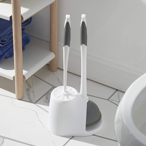Clorox Toilet Plunger and Bowl Brush Combo Set with Caddy, 6.75" x 7" x 19.5", White/Gray