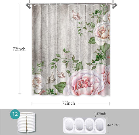 Rustic Floral Shower Curtain Watercolor Pink Rose Butterfly Bath Curtain Farmhouse Wooden Plank Country Fabric Bathroom Shower Curtain