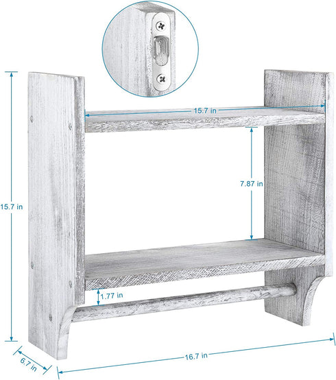 BTY Wood Towel Rack Bathroom Shelves with Towel Bar, Farmhouse Torched 2-Tier Wall Mounted Bathroom Rack Holder Hanging Storage Organizer with Shelf for Kitchen, Bathroom - Rustic Grey