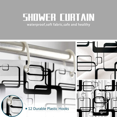 Black and White Shower Curtain Modern Black Geometric Shower Curtain Abstract Fabric Shower Curtain for Bathroom Decorative Waterproof with 12 Hooks, 72 x 72 Inches