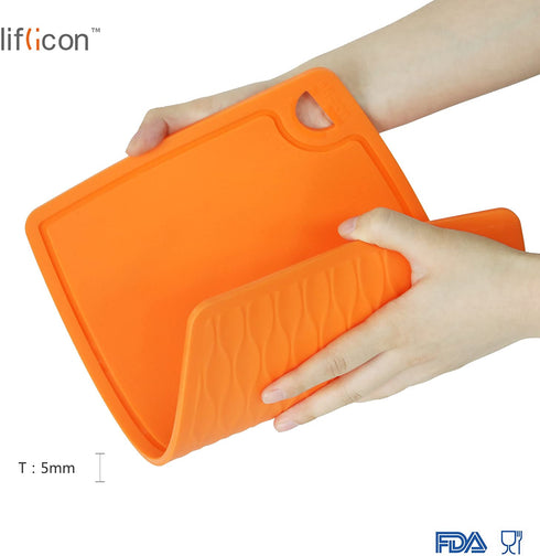 Liflicon Thick Silicone Cutting Board 12.6'' x 9.1'' Juice Grooves Easy Grip Handle Dishwasher Safe-Orange