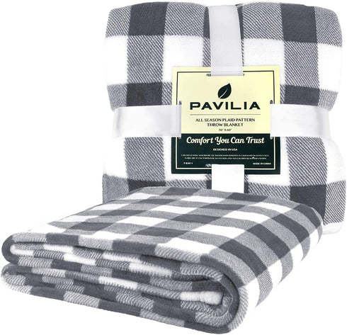 PAVILIA Buffalo Plaid Throw Blanket for Sofa Couch | Soft Flannel Fleece Grey White Checker Plaid Pattern Decorative Throw | Warm Cozy Lightweight Microfiber | 50 x 60 Inches