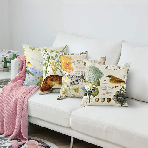 Emvency Set of 4 Throw Pillow Covers Cute Animal Rabbit Bird Dragonfly and Easter Egg Retro Style Spring Decorative Pillow Cases Home Decor Square 18x18 Inches Pillowcases
