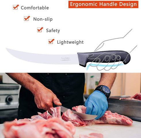 BOLEXINO 8 Inch Curved Steak Knive, Long Butcher Breaking Knife for Slicer, Meat Cutting Chef Knife, High-carbon Stainless Steel Cimeter Scimitar Knife w/Rgonomic Handle