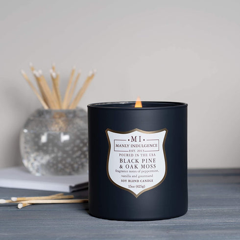Manly Indulgence Black Pine & Oak Moss Scented Jar Candle, Signature Collection, Soy Wax Blend, Wooden Wick, 15oz, Gray