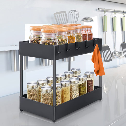Under Sink Organizer and Storage - 2 Tier Bathroom Organizer - Multi-purpose Under The Sink Organizer - Countertop Storage Shelf Holder with 6 Hooks - Kitchen Spice Rack - Under Sink Storage for Bathroom Kitchen, Black