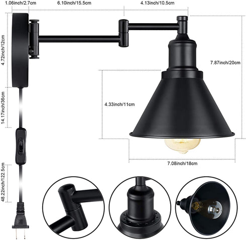Swing Arm Wall Light Fixtures Wall Light Plug-in Cord Industrial Wall Sconce Black Finish (1 Light)